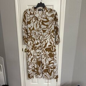 Mlle Gabrielle Cotton Brown and White Leaf Print lined Dress